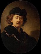 REMBRANDT Harmenszoon van Rijn, Self-portrait Wearing a Toque and a Gold Chain